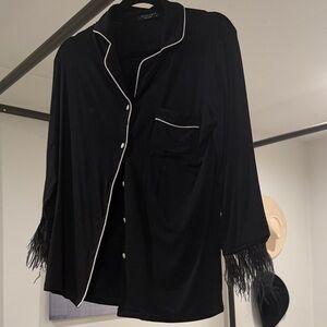 Black Button-Up Pajamas with White Trim and Feather Cuffs
